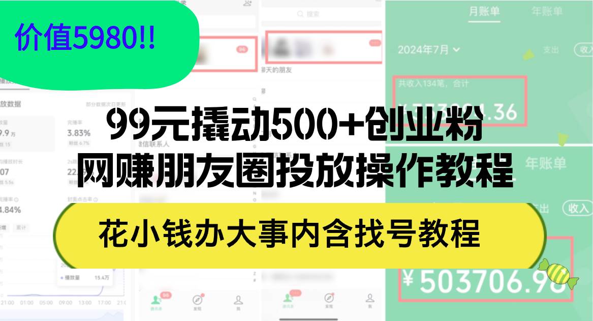 99元撬动500+创业粉，网赚朋友圈投放操作教程价值5980！花小钱办大事内…-创途网