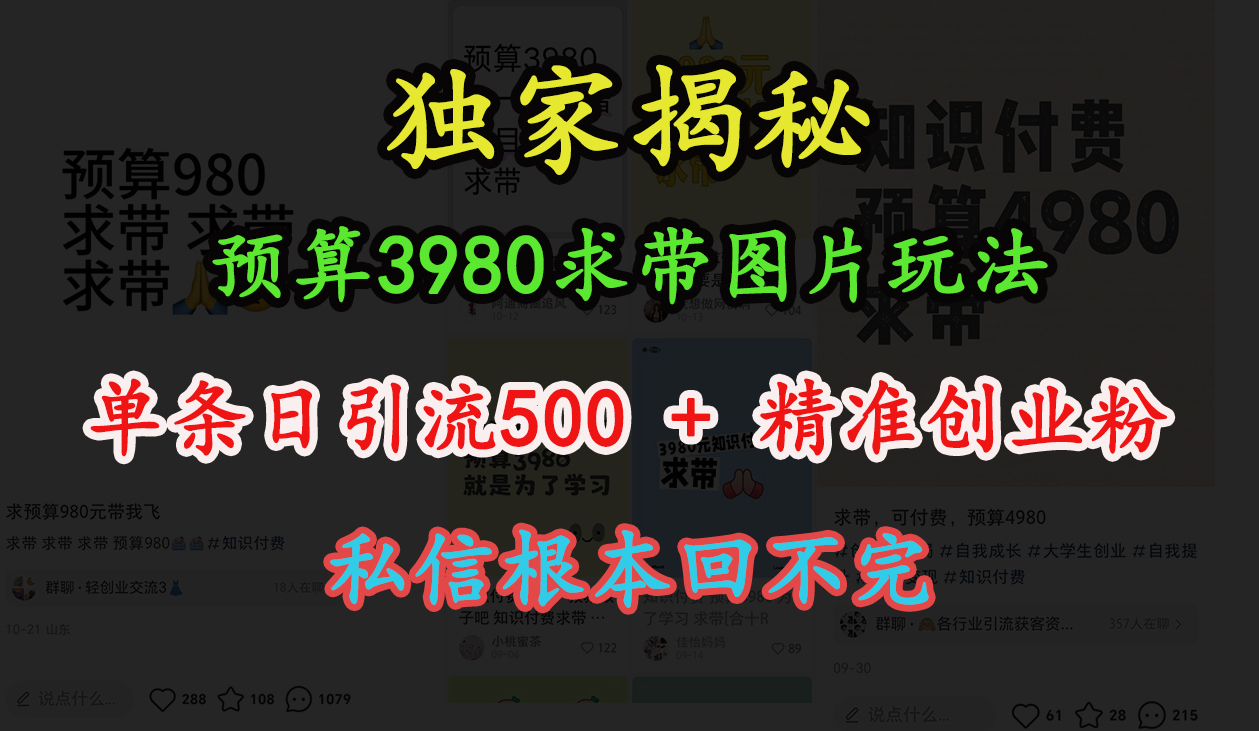 “小红书”预算3980求带 图片玩法，单条日引流500+精准创业粉，私信根本回不完-创途网