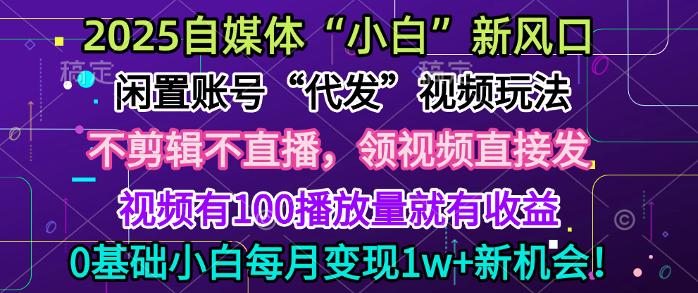 2025每月躺赚5w+新机会，闲置视频账号一键代发玩法，0粉不实名不剪辑，领了视频直接发，0基础小白也能日入300+-创途网