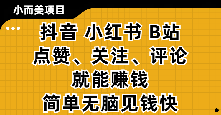 小而美的项目，抖音、小红书、B站视频点赞、关注、评论就能赚钱，简单无脑立见收益！妥妥的零撸项目-创途网