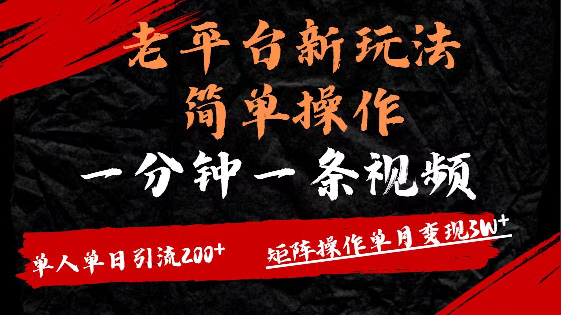 老平台，新玩法，简单操作，一分钟一条视频，单人单人引流200+矩阵操作，单月变现3W-创途网
